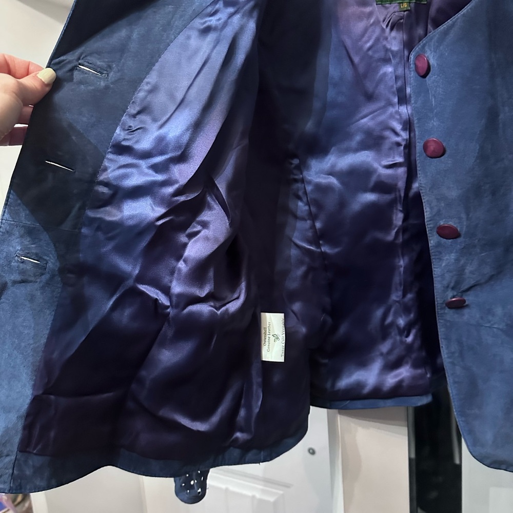 Women's Navy Suede Open-Front Jacket with Laser-Cut Sleeves - Picture 4 of 5